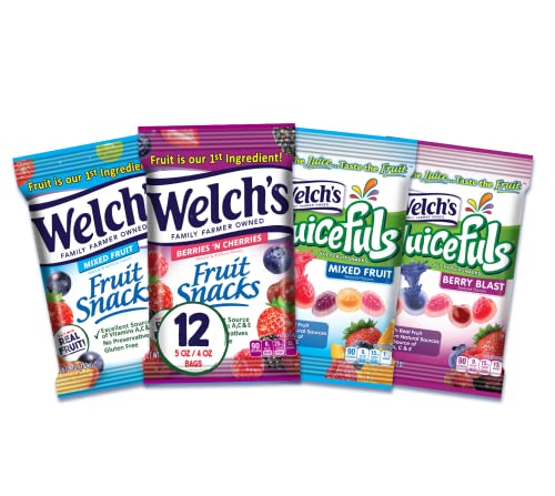 0034856998259 - WELCHS FRUIT SNACKS COMBO VARIETY PACK, JUICEFULS MIXED FRUIT & BERRY BLAST JUICY FRUIT GUSHERS AND MIXED FRUIT & BERRIES N’ CHERRIES FRUIT SNACKS, INDIVIDUAL SINGLE SERVE 4 AND 5 OZ BAGS (PACK OF 12)