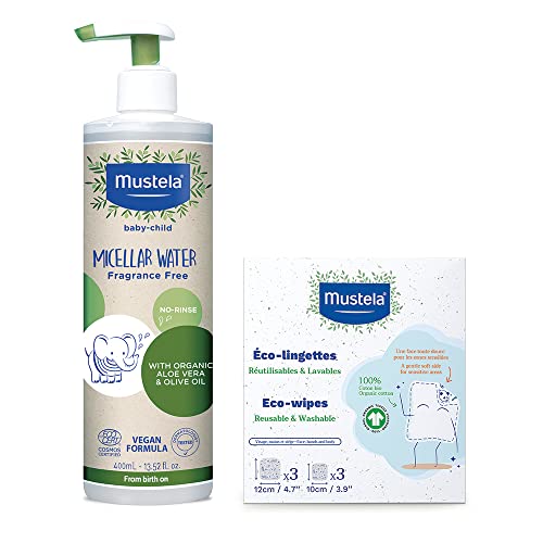 3504100103854 - MUSTELA CERTIFIED ORGANIC MICELLAR CLEANSING WATER & REUSABLE 100% COTTON ECO-WIPES BUNDLE - FOR MAKEUP REMOVAL OR BABY QUICK CLEANUPS