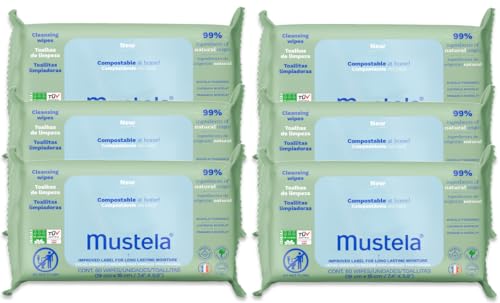 3504100104103 - MUSTELA BABY HOME COMPOSTABLE CLEANSING WIPES - FOR FACE, BODY & DIAPER AREA - LIGHTLY FRAGRANCED - 99% INGREDIENTS OF NATURAL ORIGIN & PLANT-BASED FIBERS - ALL SKIN TYPES - 6-PACKS X 60 CT.