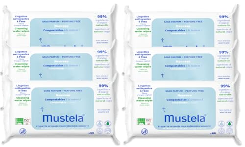 3504100104110 - MUSTELA BABY HOME COMPOSTABLE CLEANSING WIPES - FOR FACE, BODY & DIAPER AREA - FRAGRANCE FREE - 99% INGREDIENTS OF NATURAL ORIGIN & PLANT-BASED FIBERS - FOR ALL SKIN TYPES - 6-PACKS X 60 CT.