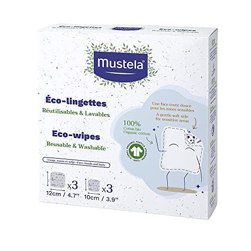 3504105037888 - MUSTELA REUSABLE & WASHABLE BABY ECO-WIPES - 100% ORGANIC GOTS CERTIFIED COTTON PADS FOR QUICK CLEANUPS OR MAKEUP REMOVAL - 6 COUNTS (3 LARGE & 3 SMALL)