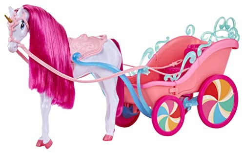 0035051583318 - MGAS DREAM ELLA CANDY CARRIAGE AND UNICORN, PEARLIZED WHITE UNICORN HORSE WITH GOLD GLITTER HORN, BRIGHT PINK MANE, PINK BRIDLE, REINS, SADDLE, PINK CARRIAGE WITH CANDY GLITTER RAILING