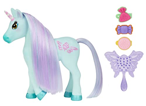 0035051585466 - MGAS DREAM BELLA CANDY LITTLE UNICORN - SEA GLASS, COTTON CANDY THEMED TEAL MINI UNICORN HORSE + 3 CANDY-SCENTED & SHAPED HAIR CLIPS, LONG MANE, BRUSH AND SCRATCH N SNIFF TAG, GIFT FOR 3-8 YEARS