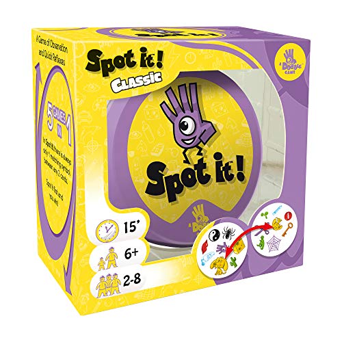 3558380092605 - SPOT IT! CLASSIC CARD GAME | GAME FOR KIDS | AGE 6+ | 2 TO 8 PLAYERS | AVERAGE PLAYTIME 15 MINUTES | MADE BY ZYGOMATIC | PURPLE AND YELLOW PACKAGING