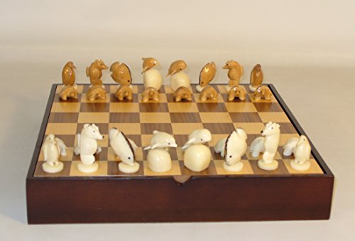 0035756200329 - TURTLE TAGUA NUT CHESS SET WITH WALNUT/MAPLE CHEST