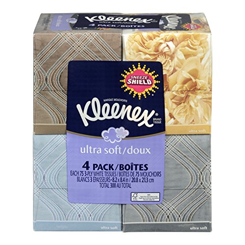 0036000258301 - KLEENEX ULTRA SOFT FACIAL TISSUE, 3-PLY, WHITE, 8.2X 8.4 , 75/BOX, 4 BOX/PACK - PACKAGING MAY VARY(ASSORTED COLOR AND STYLE BOXES)