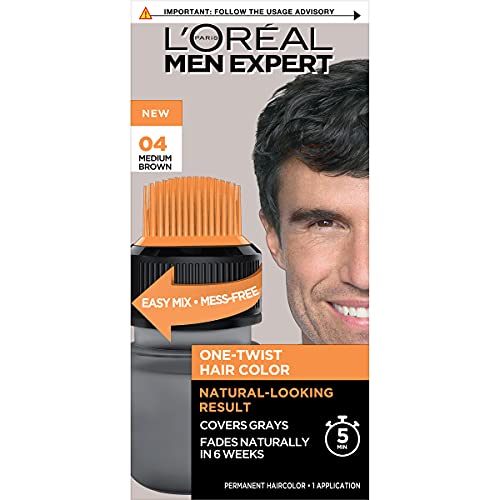 3600523993635 - LOREAL PARIS MEN EXPERT ONE TWIST HAIRCOLOR, NO MIX, NO MESS, JUST TWIST, SHAKE, APPLY, FADES NATURALLY IN 6 WEEKS, , 5 MIN APPLICATION TIME, NO AMMONIA, PACK 100% RECYCLABLE, MEDIUM BROWN 04 , 1 KIT