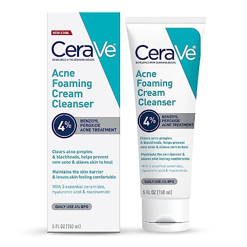 3606000512238 - CERAVE ACNE FOAMING CREAM CLEANSER | ACNE TREATMENT FACE WASH WITH 4% BENZOYL PEROXIDE, HYALURONIC ACID, AND NIACINAMIDE | CREAM TO FOAM FORMULA | FRAGRANCE FREE & NON COMEDOGENIC | 5 OZ