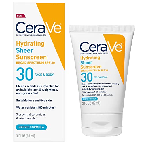 3606000554832 - CERAVE HYDRATING SHEER SUNSCREEN SPF 30 FOR FACE AND BODY | MINERAL SUNSCREEN & CHEMICAL SUNSCREEN WITH ZINC OXIDE, HYALURONIC ACID, NIACINAMIDES AND CERAMIDES| PARABEN FREE FRAGRANCE FREE | 3 OUNCES
