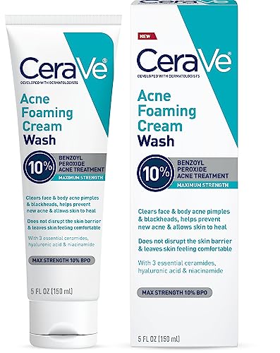 3606000604520 - CERAVE ACNE FOAMING CREAM WASH | GENTLE FACE AND BODY ACNE CLEANSER WITH BENZOYL PEROXIDE 10%, HYALURONIC ACID, AND NIACINAMIDE | ACNE TREATMENT CLEARS PIMPLES, BLACKHEADS, CHEST AND BACK ACNE | 5 OZ