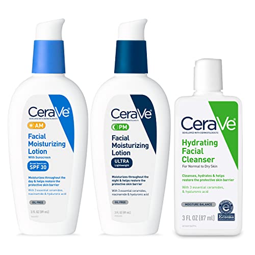 3606000604971 - CERAVE AM FACE MOISTURIZER WITH SPF, PM FACE MOISTURIZER & HYDRATING FACE WASH SKIN CARE SET| TRAVEL SIZE TOILETRIES | SKIN CARE ROUTINE FOR MORNING & NIGHT | 3OZ LOTION + 3OZ LOTION + 3OZ CLEANSER