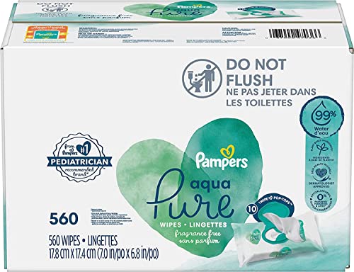 0037000470366 - BABY WIPES, PAMPERS AQUA PURE SENSITIVE WATER BABY DIAPER WIPES, HYPOALLERGENIC AND UNSCENTED, 10X POP-TOP PACKS, 560 COUNT