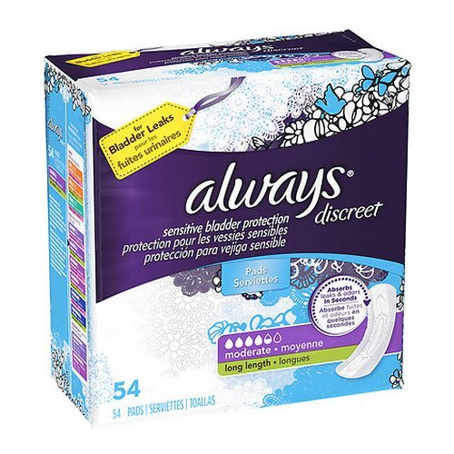 0037000887072 - ALWAYS DISCREET, INCONTINENCE PADS, MODERATE, LONG LENGTH, 54 COUNT