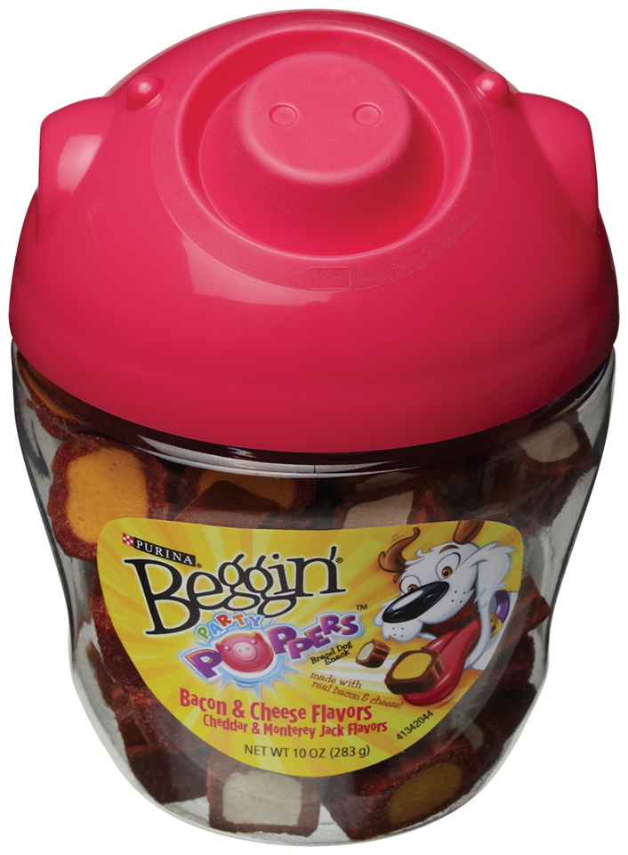 0038100006509 - BEGGIN' PARTY POPPERS BACON & CHEESE FLAVOR DOG SNACKS, 10 OZ. PIG HEAD CANISTER
