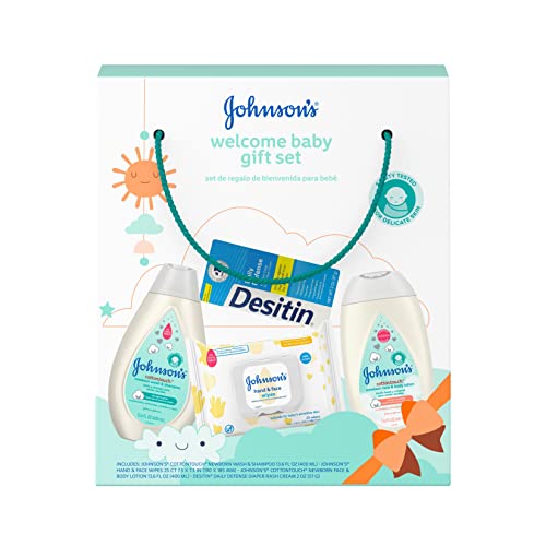 0381371196913 - JOHNSONS BABY WELCOME BABY GIFT SET, NEWBORN SKINCARE SET WITH BABY BODY WASH & SHAMPOO, FACE & BODY LOTION, BABY WIPES FOR HANDS & FACE, & DIAPER RASH CREAM FOR DELICATE SKIN, 4 ITEMS