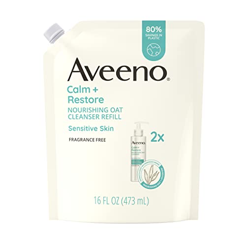 0381372021153 - AVEENO CALM + RESTORE NOURISHING OAT FACIAL CLEANSER FOR SENSITIVE SKIN, GENTLE FACE WASH WITH NOURISHING OAT & CALMING FEVERFEW, HYPOALLERGENIC, FRAGRANCE-FREE, REFILL POUCH, 16 FL. OZ