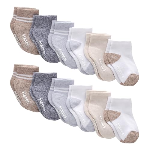 0038257206456 - HANES BABY AND TODDLER, NON-SLIP GRIP ANKLE SOCKS, BOYS AND GIRLS, MULTIPACKS, WHITE, GREY, HEATHER BLUE, BROWN, KHAKI-12 PACK, 4T-5T