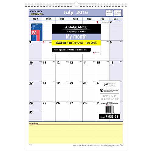 0038576203273 - AT-A-GLANCE(R) QUICKNOTES(R) 30% RECYCLED ACADEMIC MONTHLY WALL CALENDAR, 12IN.