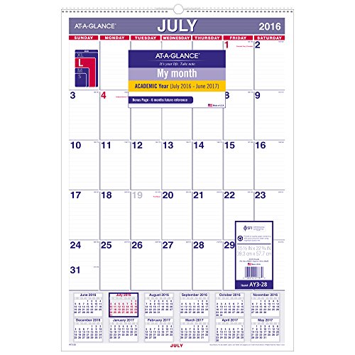 0038576217379 - AT-A-GLANCE ACADEMIC MONTHLY WALL CALENDAR, JULY 2016 - JUNE 2017, 15.5X22.75,