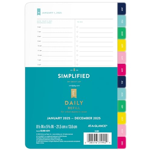 0038576319929 - AT-A-GLANCE 2025 PLANNER REFILL, SIMPLIFIED BY EMILY LEY, DAILY, 5-1/2 X 8-1/2, DESK SIZE, ONE PAGE PER DAY REFILL (EL100-4311-25)