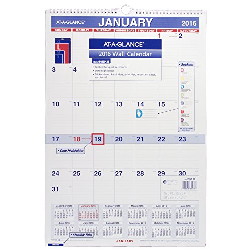 0038576354364 - AT-A-GLANCE WALL CALENDAR 2016, TABS, STICKERS, 15.5 X 22.75 INCHES (PM3P-28)