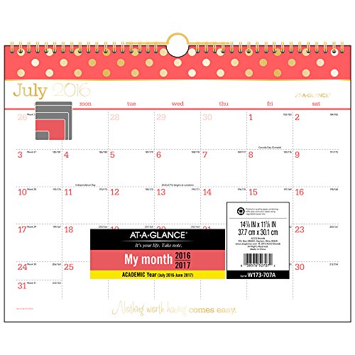 0038576527072 - AT-A-GLANCE ACADEMIC YEAR WALL CALENDAR, MONTHLY, JULY 2016 - JUNE 2017, 14-7/8X 11-7/8, SCHOOL, COLOR POP (W173-707A)