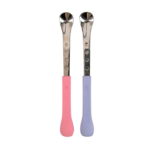0039175809743 - NUBY 2 IN 1 SILICONE AND STAINLESS STEEL DUAL ENDED FEEDING SPOONS FOR BABY, PURPLE/PINK