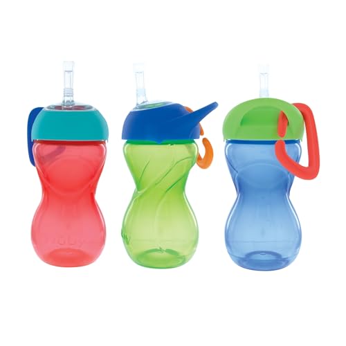 0039175811531 - NUBY NO-SPILL CLIK-IT FLEXI STRAW 10OZ SIPPY CUP - GENTLE SILICONE & ERGONOMIC GRIP WITH CARABINER FOR ACTIVE KIDS, 3 PACK, 6+M, RED/GREEN/BLUE