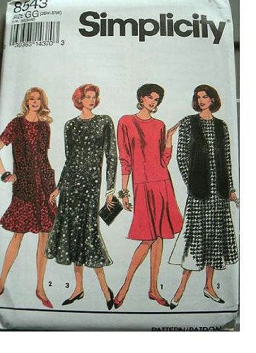 0039363143703 - WOMENS WOMENS PETITE DRESS IN TWO LENGTHS AND LINED VEST PLUS SIZES 26W-28W-30W-32W SIMPLICITY PATTERN 8543