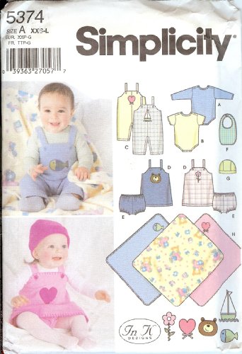 0039363270577 - SIMPLICITY PATTERN 5374 ~ BABIES' OVERALLS, JUMPER, PANTIES, BIB, HAT, BLANKET AND KNIT ONE-PIECE ~ SIZES SSX-L