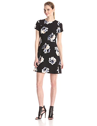 0039372478902 - VINCE CAMUTO WOMEN'S SMALL DUET FLORAL A-LINE BELTED DRESS, RICH BLACK, 2