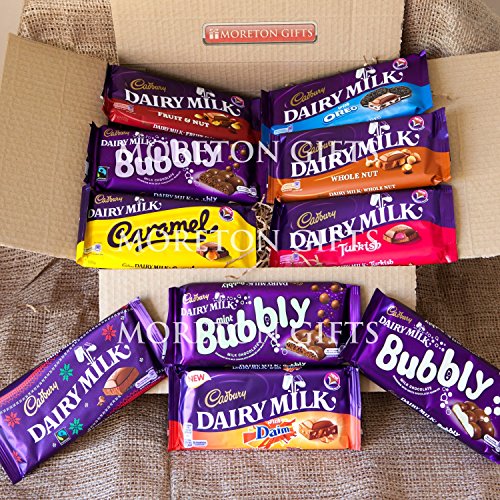0039409056363 - CADBURY 10 CHOCOLATE BAR EXTRAVAGANZA TREAT BOX - PERFECT MOTHER'S OR FATHER'S DAY GIFT - DAIRY MILK, FRUIT & NUT, CARAMEL, TURKISH, WHOLE NUT, WITH OREO, WITH DIAM, MINT BUBBLY, MILK CHOCOLATE BUBBY,& WHITE CHOCOLATE BUBBLY - BY MORETON GIFTS
