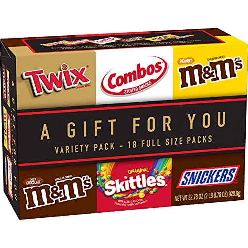 0040000581192 - TWIX, SNICKERS, COMBOS, M&MS MILK CHOCOLATE, M&MS PEANUT AND SKITTLES CANDY GIFT BOX (18 FULL SIZE BARS) - AMAZON EXCLUSIVE