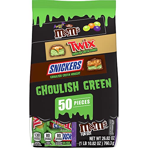 0040000585336 - M&MS, SNICKERS & TWIX GHOULISH GREEN HALLOWEEN CHOCOLATE CANDY VARIETY PACK, 26.82 OZ, 50 PIECE BAG