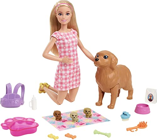 4001702025021 - BARBIE DOLL AND PETS, BLONDE DOLL WITH MOMMY DOG, 3 NEWBORN PUPPIES WITH COLOR-CHANGE FEATURE AND PET ACCESSORIES