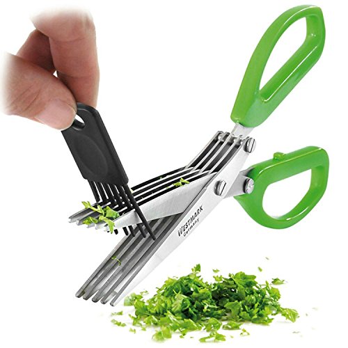 4004094117589 - WESTMARK GERMANY STAINLESS STEEL 5 BLADE HERB SCISSORS WITH LIME GREEN HANDLE AND CLEANING COMB