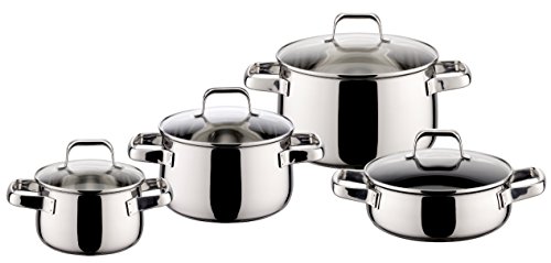 4006925900148 - ELO SHAPE STAINLESS STEEL 8-PIECE POTS AND PANS INDUCTION COOKWARE SET WITH C3 GERMAN QUALITY NONSTICK PAN, HEAT RESISTANT GLASS LIDS AND INTEGRATED MEASURING SCALE