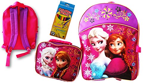 4009898980056 - 3 ITEM BACK TO SCHOOL BUNDLE: LICENSED DISNEY SCHOOL & TRAVEL FROZEN ANNA AND ELSA BACKPACK WITH DETACHABLE REMOVABLE MATCHING LUNCH TOTE BOX AND 1 BOX ASSORTED COLORING PENCIL