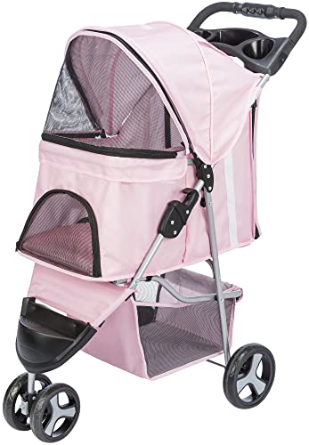 4047974289570 - TRIXIE FOLDABLE PET STROLLER FOR CATS AND DOGS, PET CARRIER STROLLING CART WITH WEATHER COVER, STORAGE BASKET, CUP HOLDER, PINK