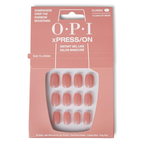 4064665161458 - OPI XPRESS/ON PRESS ON NAILS, UP TO 14 DAYS OF WEAR, GEL-LIKE SALON MANICURE, VEGAN, SUSTAINABLE PACKAGING, WITH NAIL GLUE, SHORT NEUTRAL NAILS, SOMEWHERE OVER THE RAINBOW MOUNTAINS
