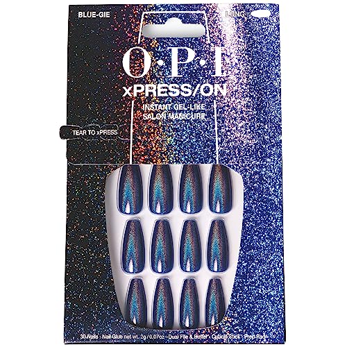4064665196061 - OPI XPRESS/ON PRESS ON NAILS, UP TO 14 DAYS OF GEL-LIKE SALON MANICURE, VEGAN*, SUSTAINABLE PACKAGING, WITH NAIL GLUE, LONG BLUE HOLOGRAPHIC COFFIN SHAPE NAILS, BLUE-GIE