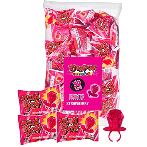 0041116263033 - RING POP INDIVIDUALLY WRAPPED BACK TO SCHOOL PINK STRAWBERRY PARTY PACK – 30 COUNT STRAWBERRY FLAVORED PINK CANDY LOLLIPOP SUCKERS - PINK CANDY FOR SCHOOL TREATS & CARE PACKAGES