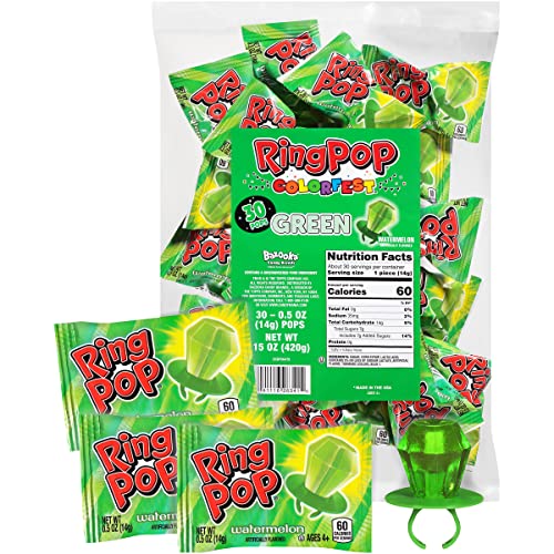 0041116263415 - RING POP INDIVIDUALLY WRAPPED GREEN WATERMELON 30 COUNT BULK LOLLIPOP VALENTINES DAY PACK – WATERMELON FLAVORED LOLLIPOP SUCKERS - FUN CANDY VALENTINES & CANDY JEWELRY FOR KIDS