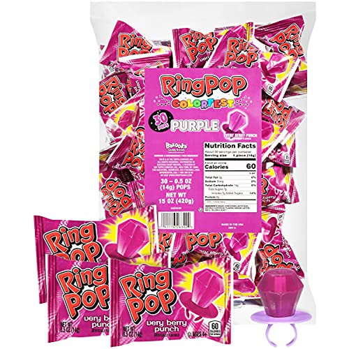 0041116263422 - RING POP INDIVIDUALLY WRAPPED PURPLE VERY BERRY PUNCH PARTY PACK – 30 COUNT VERY BERRY PUNCH FLAVORED PURPLE CANDY LOLLIPOP SUCKERS - PURPLE CANDY FOR CELEBRATIONS AND IN PERSON OR VIRTUAL PARTIES
