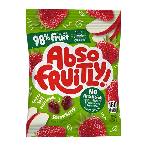 0041116321009 - ABSOFRUITLY! STRAWBERRY 98% REAL FRUIT SNACKS, DELICIOUSLY SWEET, SOFT & CHEWY – PLANT BASED HEALTHY SNACKS – INDIVIDUAL SNACK PACKS FOR KIDS, 6 LARGE FRUIT SNACK BAGS (1.8OZ EACH)