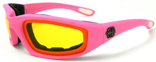 0041220248124 - PINK PADDED YELLOW LENS CHOPPERS NIGHT DRIVING BIKER MOTORCYCLE SUNGLASSES GOGGLES RIDING