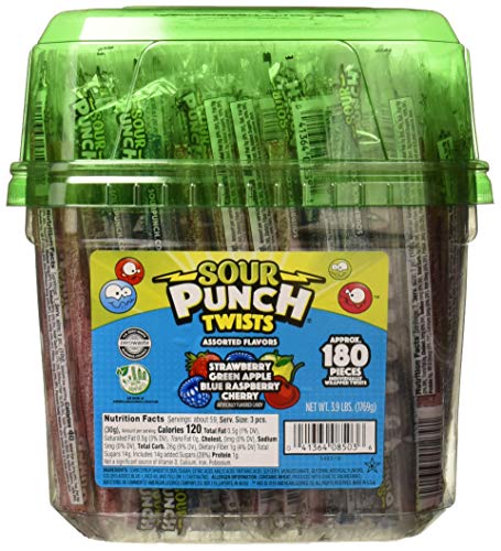 0041364085036 - SOUR PUNCH TWISTS, 6” INDIVIDUALLY WRAPPED SOFT & CHEWY CANDY TUB, 4 FRUIT FLAVORS, 62.4 OZ