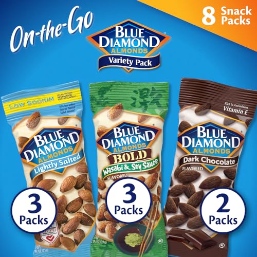 0041570148921 - BLUE DIAMOND ALMONDS SNACK NUT VARIETY PACK FOR KIDS, OFFICE, SCHOOL, ON-THE-GO, 75 OZ GLUTEN FREE INDIVIDUAL PACKS, WASABI & SOY SAUCE, LIGHTLY SALTED, AND DARK CHOCOLATE, 8 COUNT