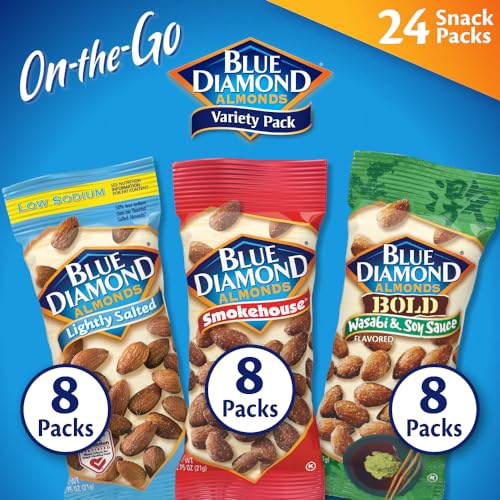 0041570148976 - BLUE DIAMOND ALMONDS SNACK NUT VARIETY PACK FOR KIDS, OFFICE, SCHOOL, ON-THE-GO, 75 OZ GLUTEN FREE INDIVIDUAL PACKS, WASABI & SOY SAUCE, LIGHTLY SALTED, AND SMOKEHOUSE, 24 COUNT