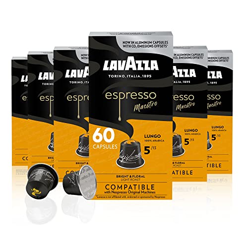 0041953004080 - LAVAZZA ESPRESSO LUNGO LIGHT ROAST 100% ARABICA ALUMINUM CAPSULES COMPATIBLE WITH NESPRESSO ORIGINAL MACHINES (PACK OF 60) ,VALUE PACK, BLENDED AND ROASTED IN ITALY, SWEET AND AROMATIC, FLORAL AND FRUITY NOTES, INTENSITY 5 OF 13
